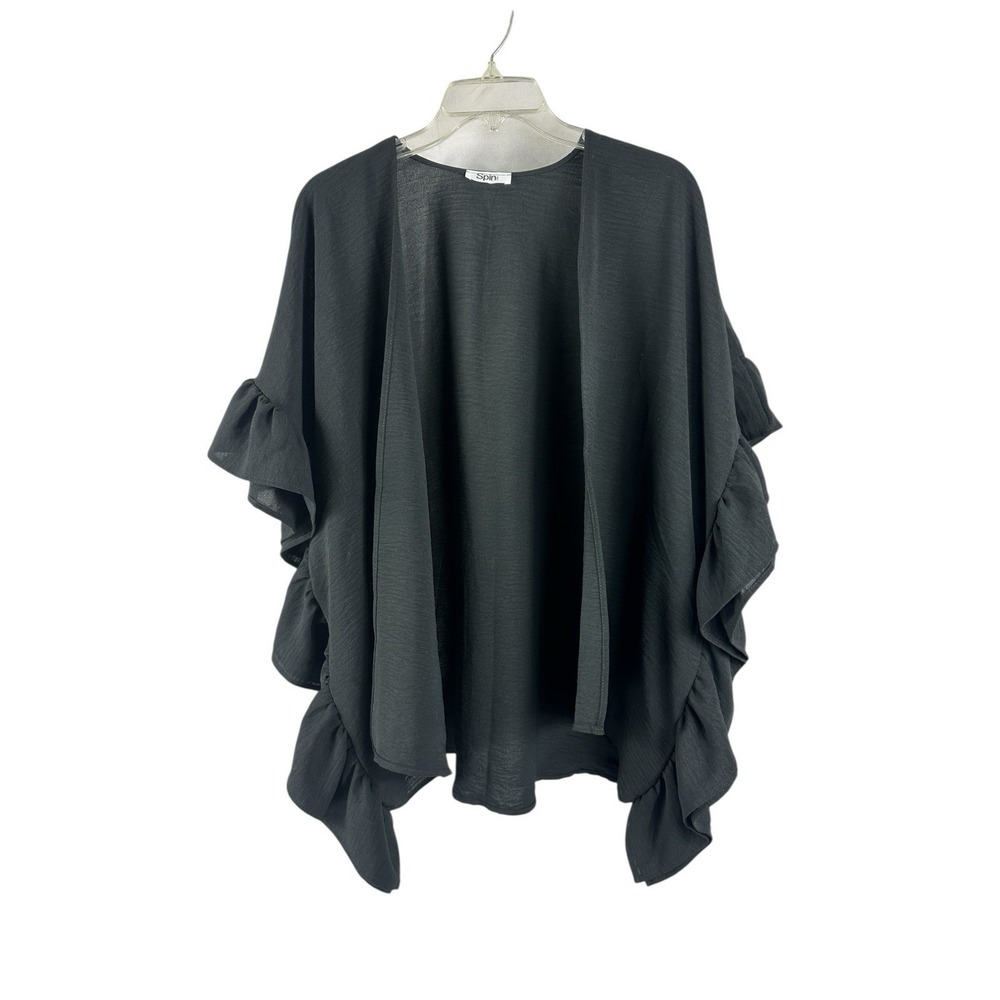 Spin Ruffle Kimono Jacket Women's Sz S Black Lagenlook Artsy Open Front